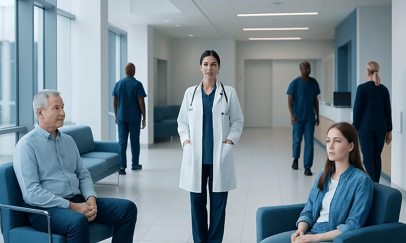 Medical team in a modern hospital waiting area with patients and staff.