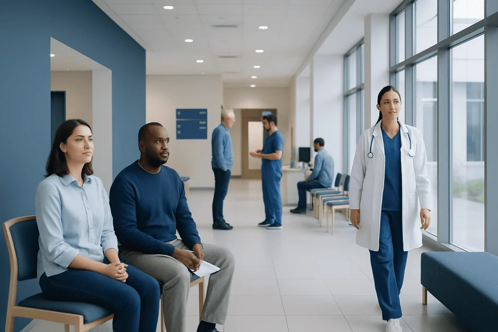 How to Compare Medical Quotes from Hospitals in Turkey Without Missing Hidden Differences 1 Patients waiting in a modern hospital corridor with medical staff nearby.