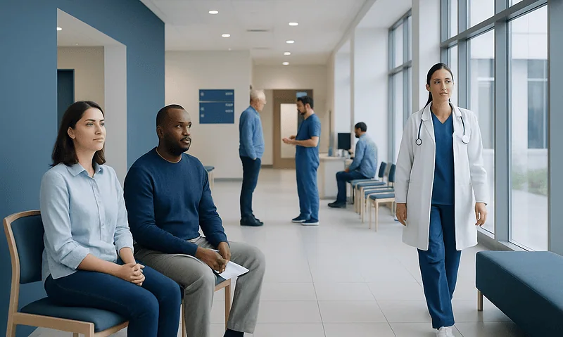 Patients waiting in a modern hospital corridor with medical staff nearby.