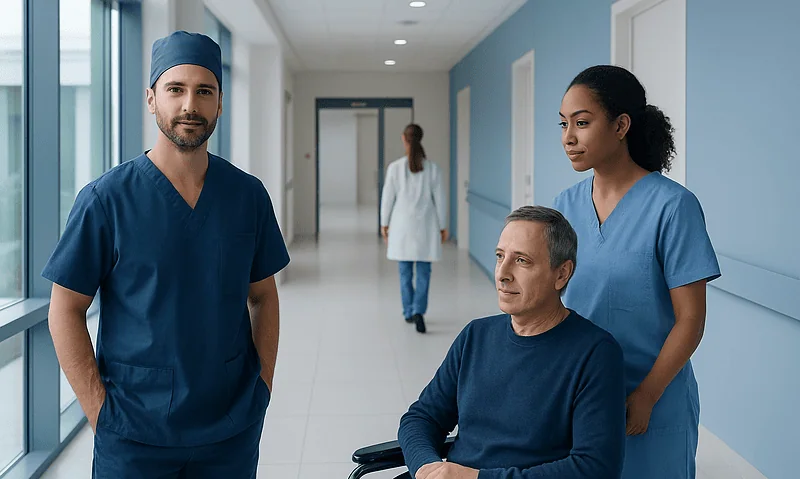 At Acibadem, How We Explain Surgeon Credentials, Clinical Teams, and Care Responsibilities 13 Medical team with surgeon and nurses in hospital corridor.