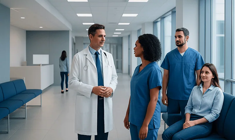 At Acibadem, How We Explain Doctor Credentials, Team Roles, and Who Leads Your Care 1 Medical team discussing patient care in hospital corridor.
