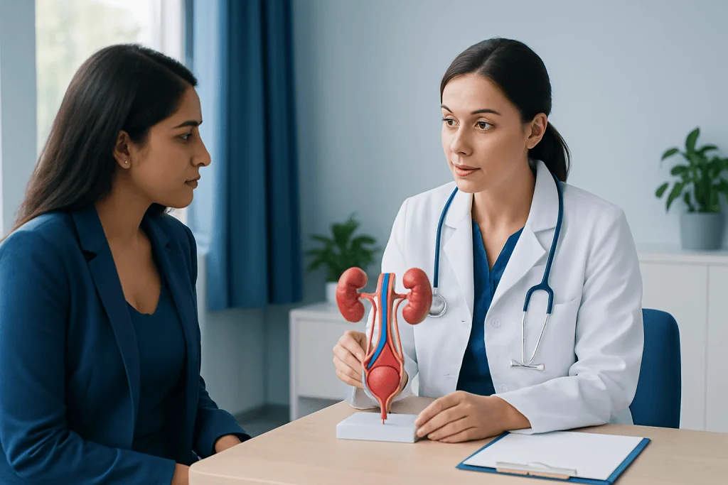Doctor explaining urinary system to patient with model in clinic.