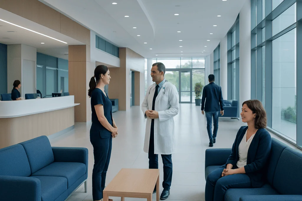 At Acibadem, How to Verify Official Messages, Quotes, and Appointments 1 Hospital reception area with staff and patients engaging in conversation.