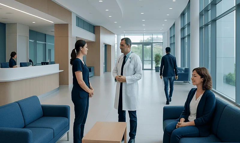 Hospital reception area with staff and patients engaging in conversation.