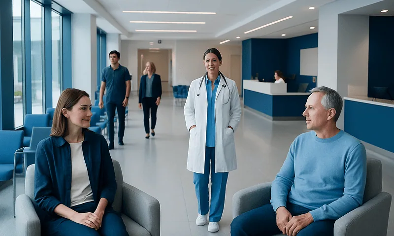 At Acibadem, How We Help You Verify Our Hospitals, Doctors, and Official Channels 12 Hospital waiting area with doctor and patients at Acibadem Hospitals Group.
