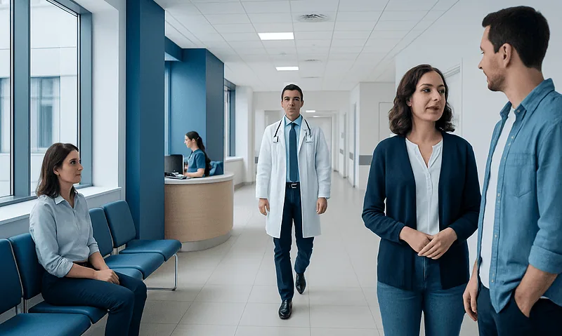Hospital waiting area with staff and patients at Acibadem Hospitals Group.