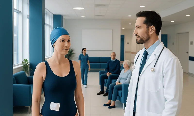 Patient in hospital gown talking to doctor in a medical facility.