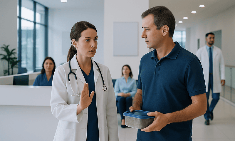 Doctor explaining hospital policies to a patient in a hospital corridor.