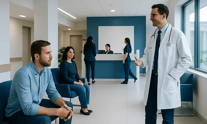 Doctor consulting with patients in a modern hospital waiting area.