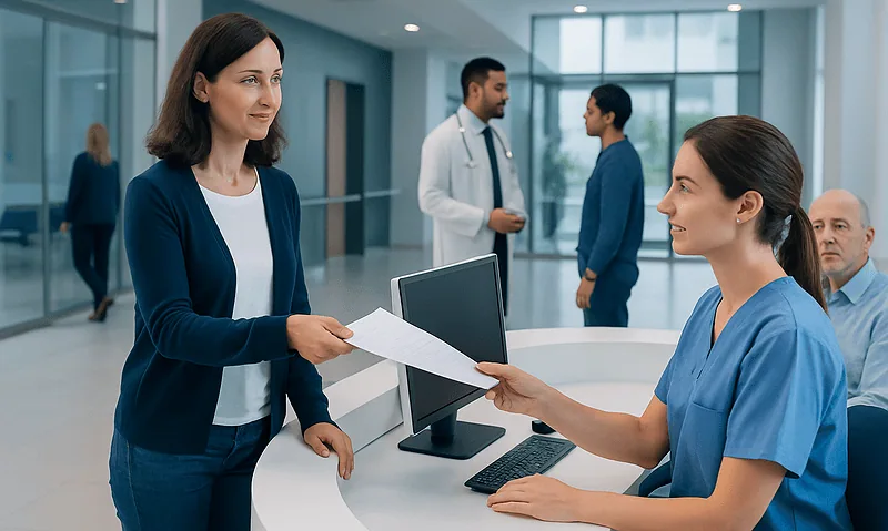 Patient checking in at hospital reception with medical staff present.