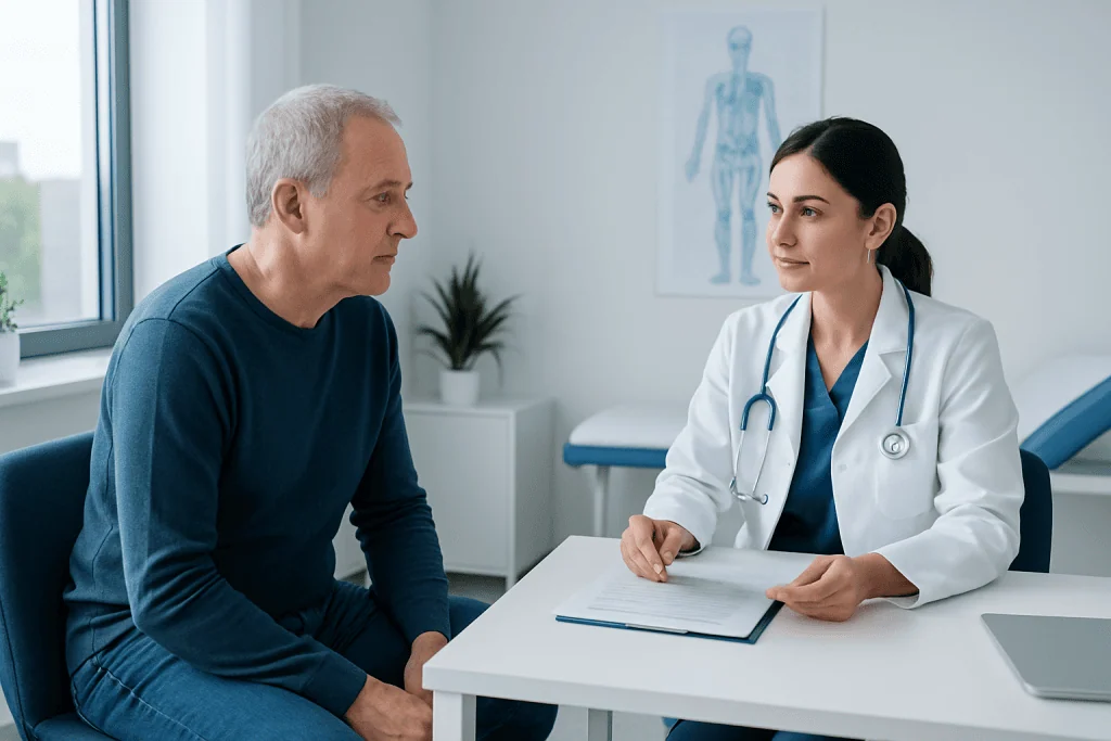 Doctor consulting with a patient in a modern medical office.