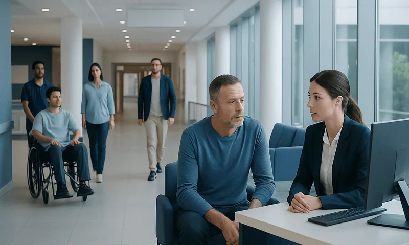 Hospital reception with staff and patients in a modern healthcare facility.