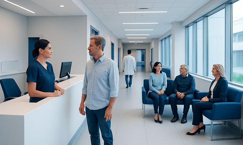 Patients consulting with hospital staff in a modern clinic corridor.