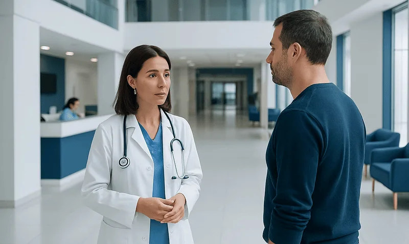 Doctor and patient having a conversation in hospital lobby.