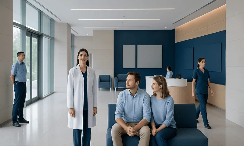 At Acibadem, How We Confirm Your Final Treatment Cost 11 Patients consulting with a doctor in a modern hospital lobby.