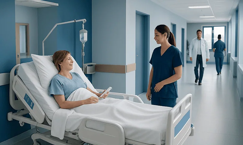 Hospital bed with patient and nurse in a modern Turkish hospital corridor.