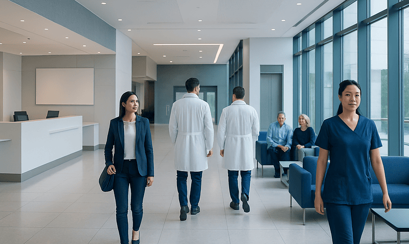 Modern hospital lobby with medical staff and patients in a bright, spacious setting.