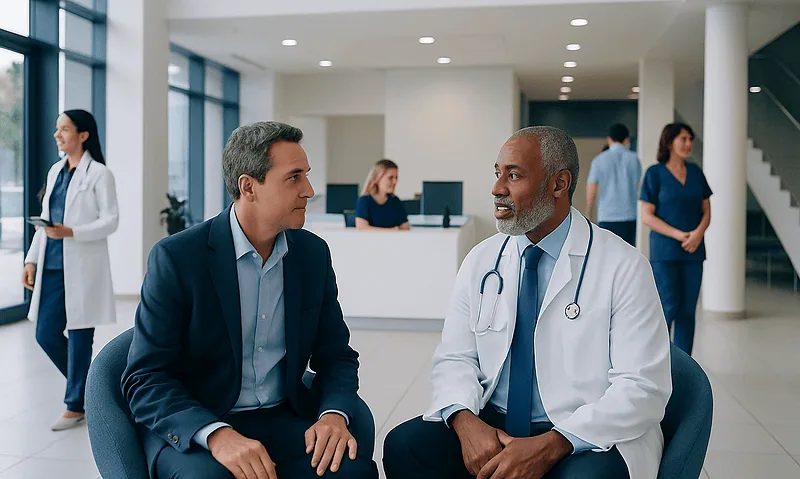 Doctor consulting with a patient in a modern hospital lobby.