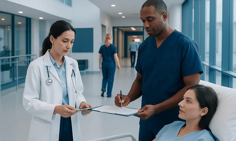 Medical team reviewing medication list before surgery at Acibadem Hospital.