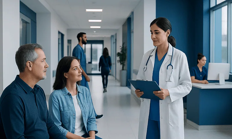 Doctor consulting with patients in a hospital corridor.