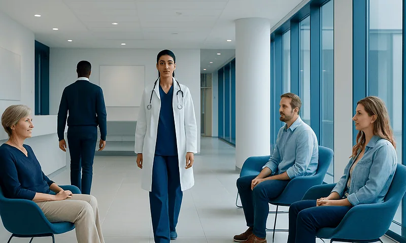 At Acibadem, What Your Treatment Quote Includes Before You Travel 8 Medical consultation in a modern hospital corridor with healthcare professionals and patients.