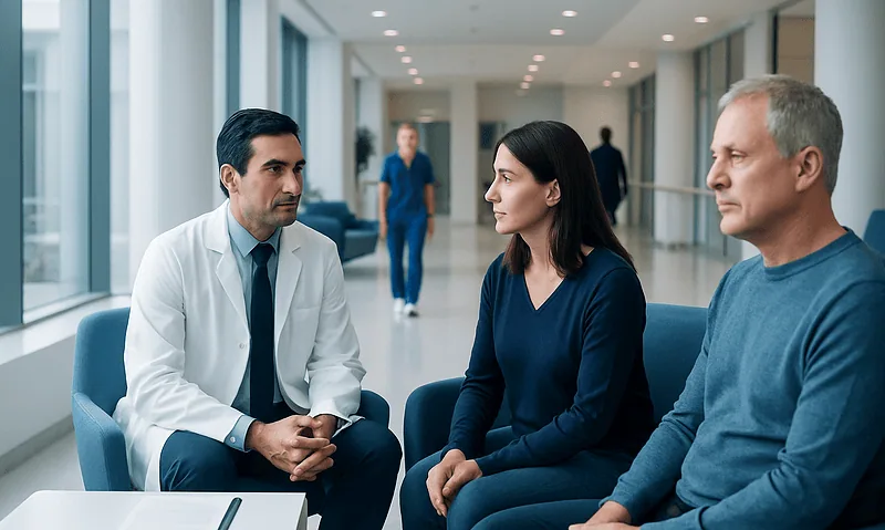 What to Ask Before Starting Treatment at Acibadem 3 Doctor consulting with patients in a hospital corridor.