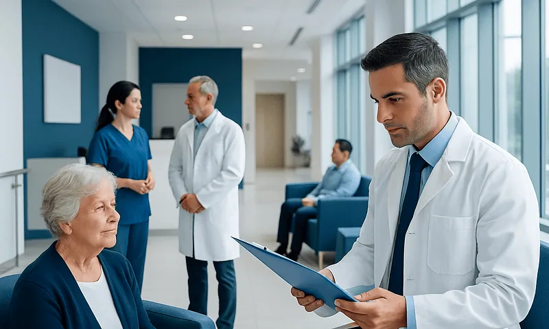 Medical team reviewing patient records in a hospital corridor.
