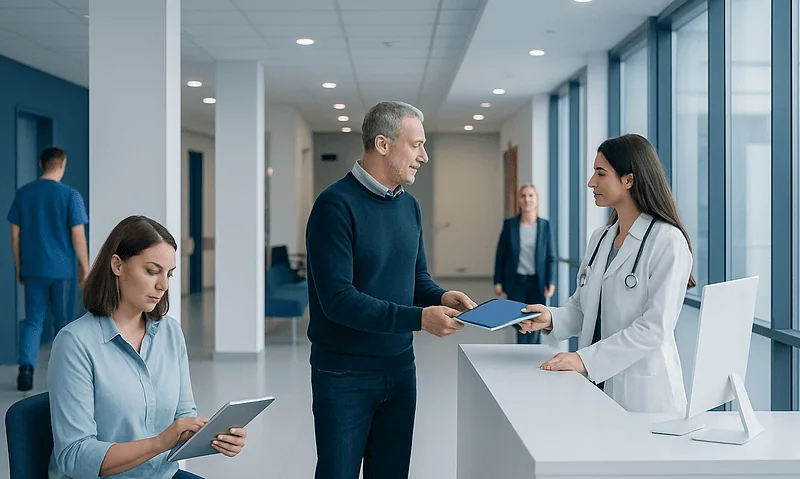 Patient consulting with doctor at hospital reception in Turkey.