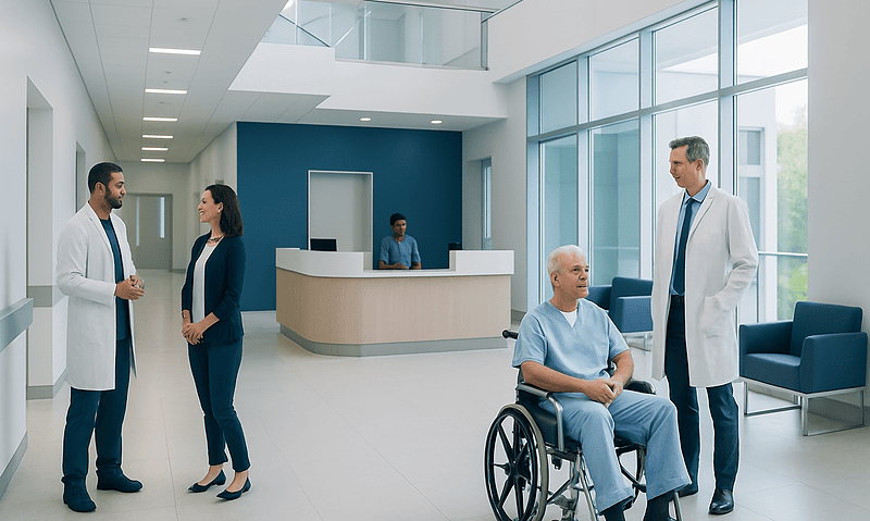 Modern hospital lobby with medical staff and patient in wheelchair.