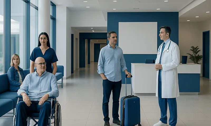 Hospital staff and patients in a modern medical facility in Turkey.