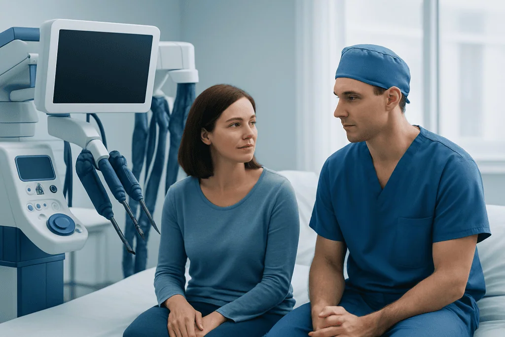 Doctor consulting female patient in hospital room with medical equipment.