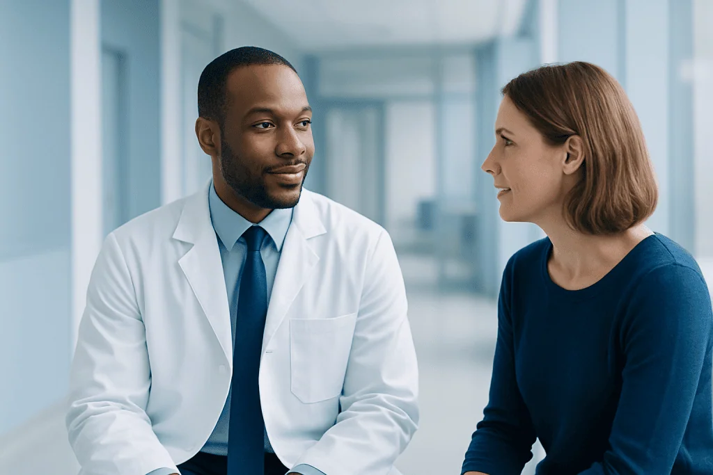 Will a CT Scan Show Cancer? Here’s What Oncologists Say 1 Doctor consulting with a female patient in a modern hospital setting.