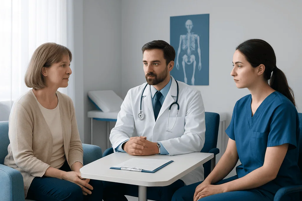 Doctor consulting with female patient and nurse in hospital setting.