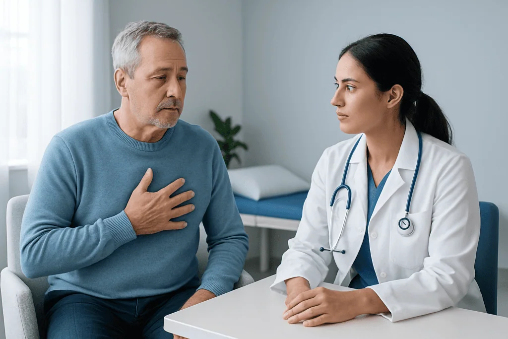 Doctor consulting with a patient after heart bypass surgery in a hospital room.