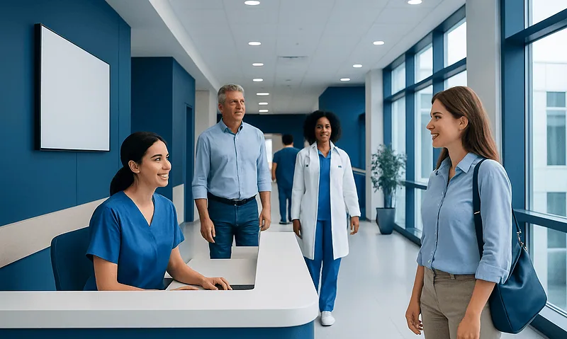 Patients and staff at Acibadem Hospital reception area.