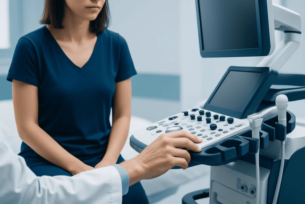 Medical professional operating ultrasound machine in a hospital setting.