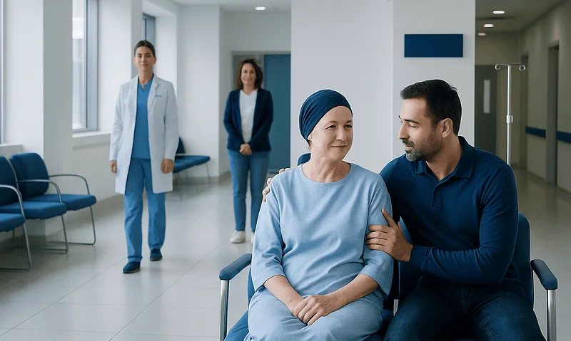 How Family Members Can Support a Patient During Treatment in Turkey 4 Supportive family member with patient in hospital corridor at Acibadem Hospitals Group.