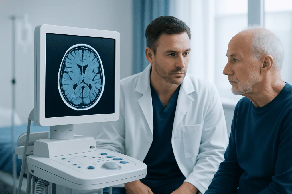 Doctor discussing brain scan with elderly patient in hospital.