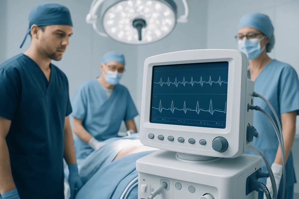 Medical team monitoring a patient during heart surgery at Acibadem Hospitals.