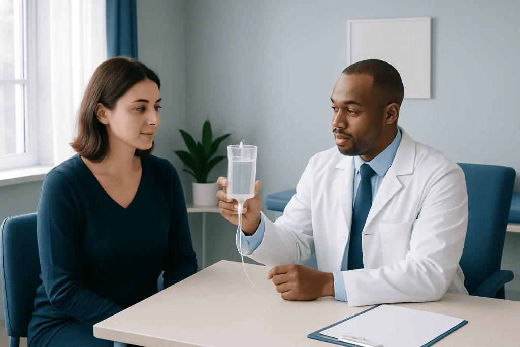 Doctor administering IV fluid to a patient in a clinical setting.
