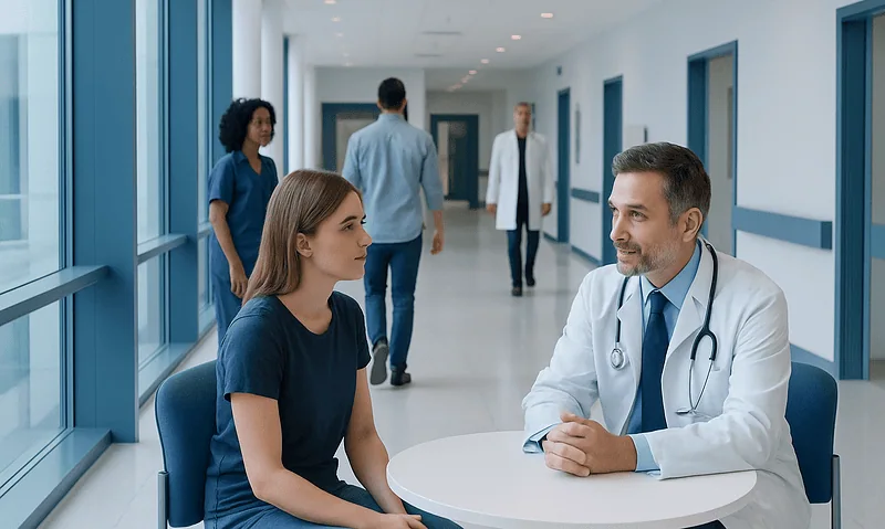 Doctor consulting with a patient in a hospital corridor.