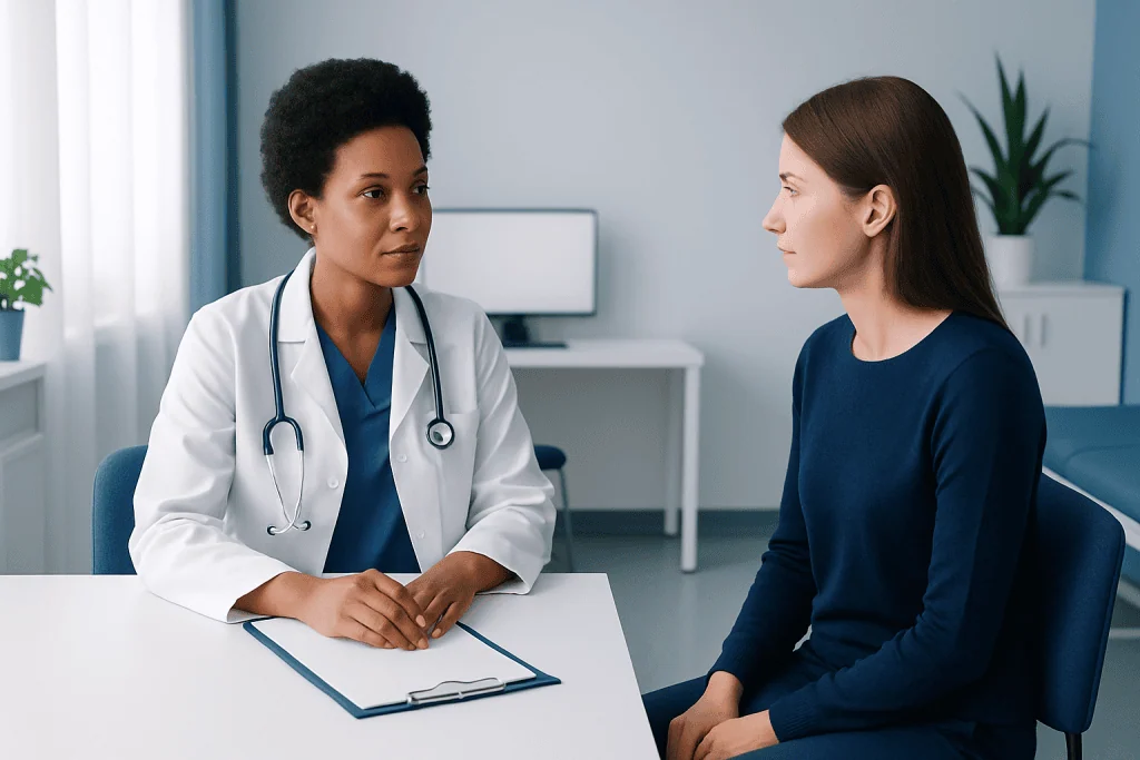 Doctor consulting patient in a modern medical office setting.