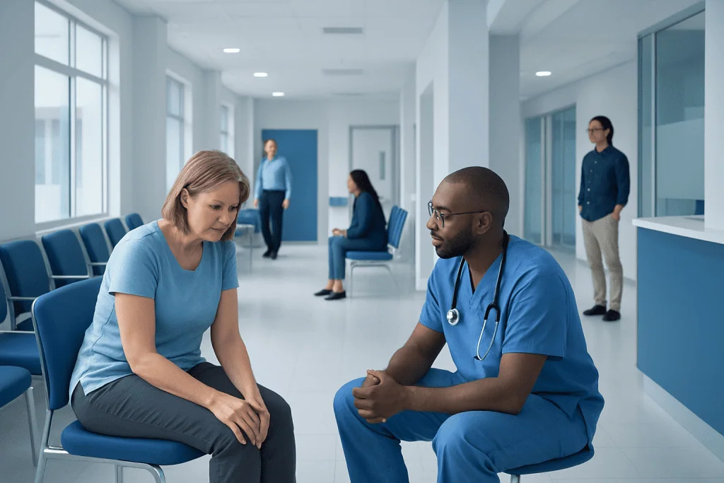 Knee ache remedy: What Works at Home, What Doesn't, and When to See a Doctor 1 Doctor consulting with patient in hospital corridor for knee pain relief.