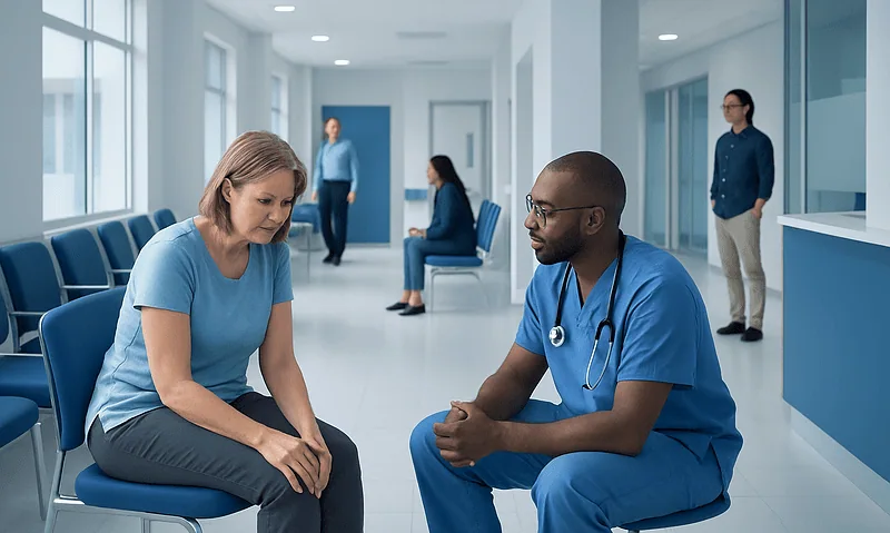 Doctor consulting with patient in hospital corridor for knee pain relief.