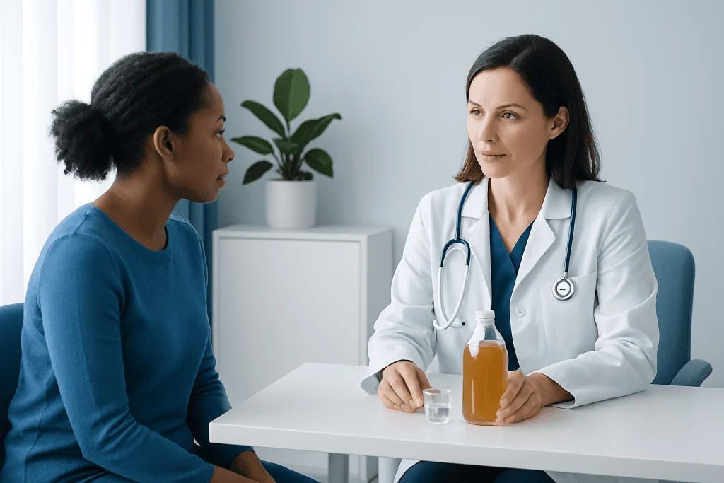 Doctor consulting a patient in a medical office with a bottle of medicine.