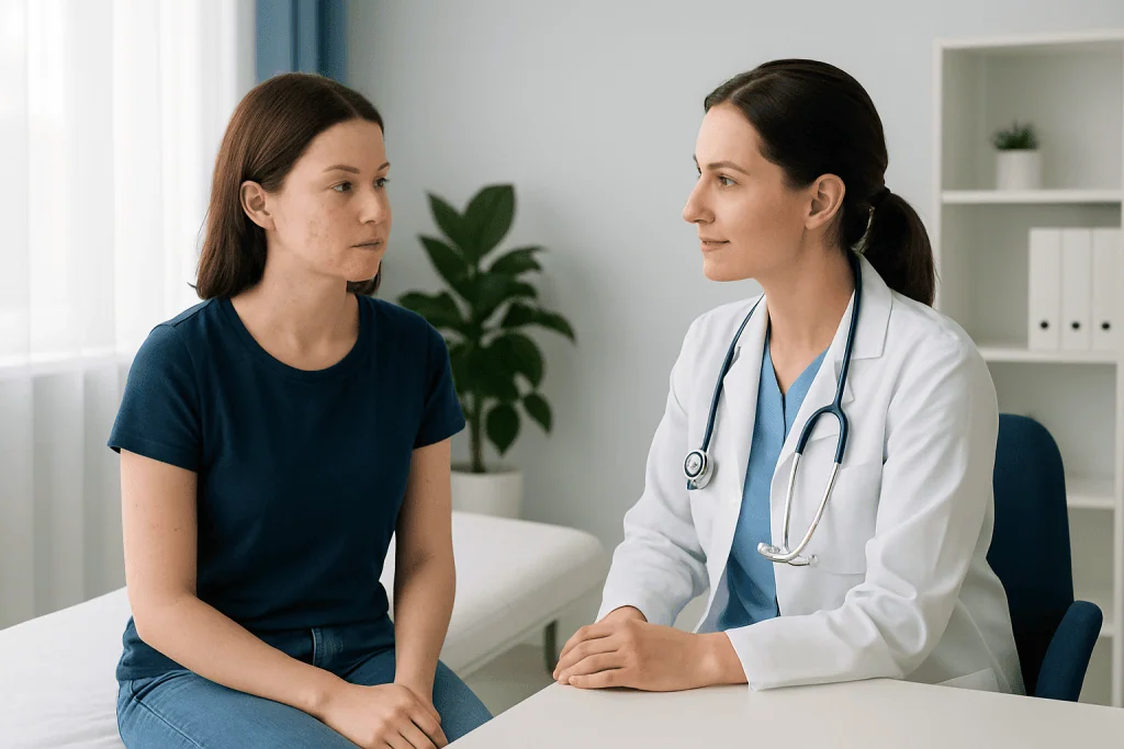 Dermatologist consulting with a young female patient about skin issues.