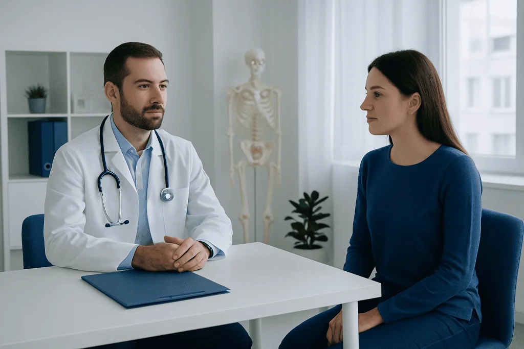 Doctor consulting with a patient in a medical office with a skeleton model in the background.