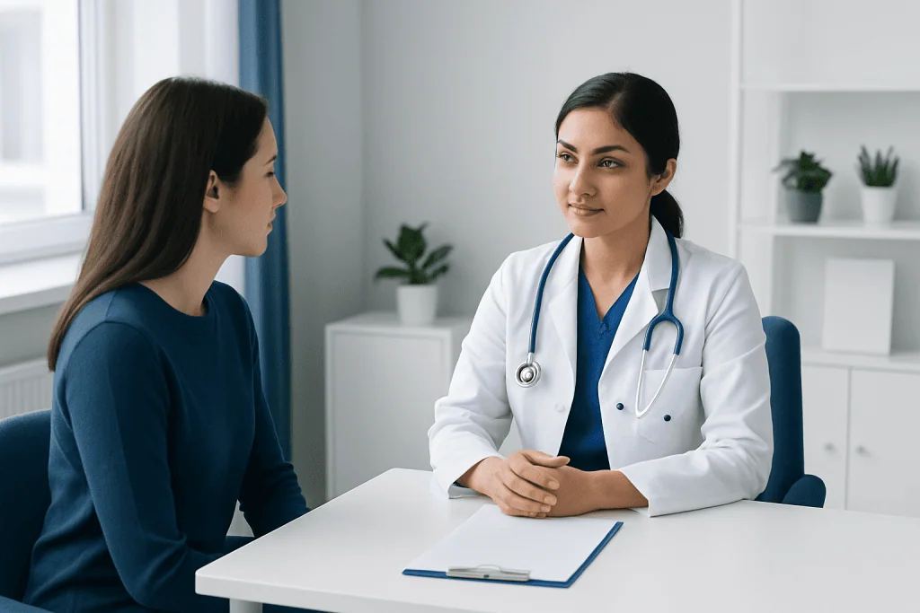 Doctor consulting with a patient in a modern medical office.