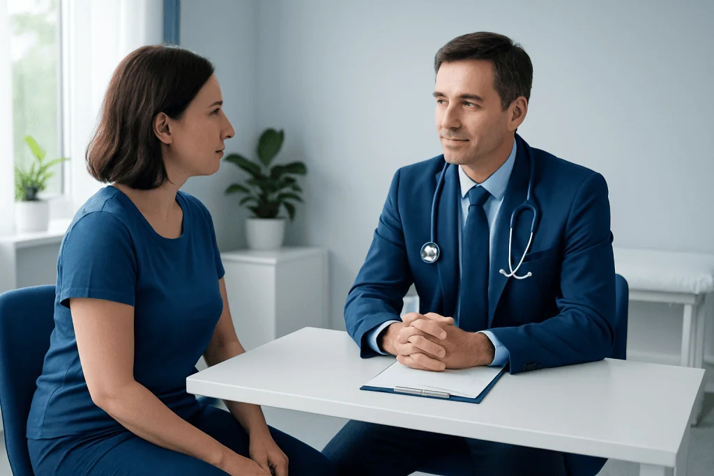 Doctor consulting with a female patient in a modern clinic setting.