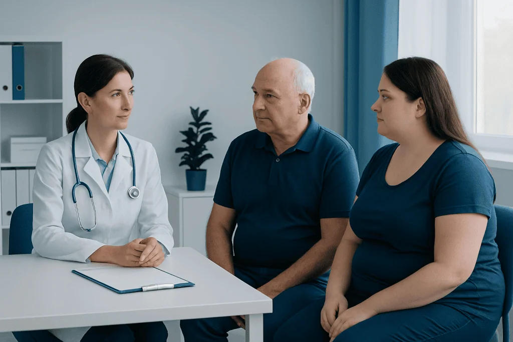 Doctor consulting with a patient and companion in a medical office.